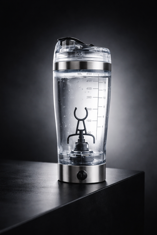Clear shaker bottle with measurement markings on a dark background