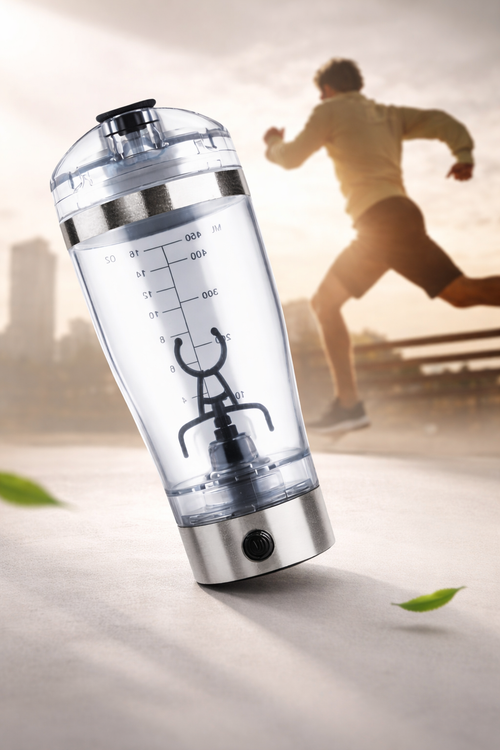 Clear water bottle with measurement markings on a blurred background of a person running.