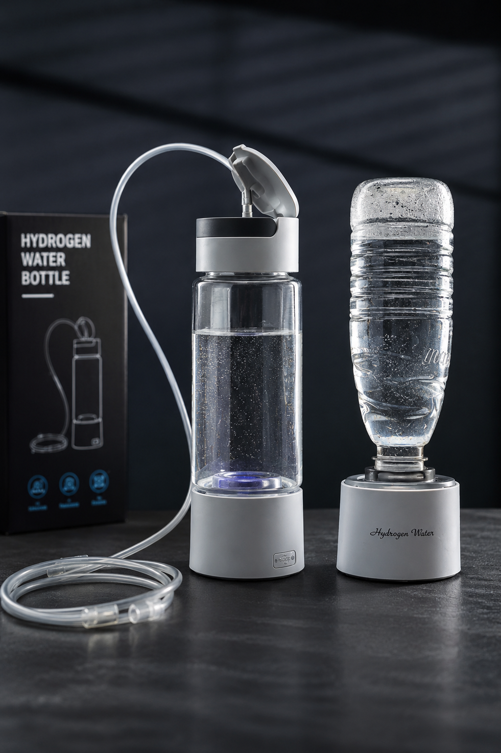 Hydrogen water bottle with clear liquid on a dark surface