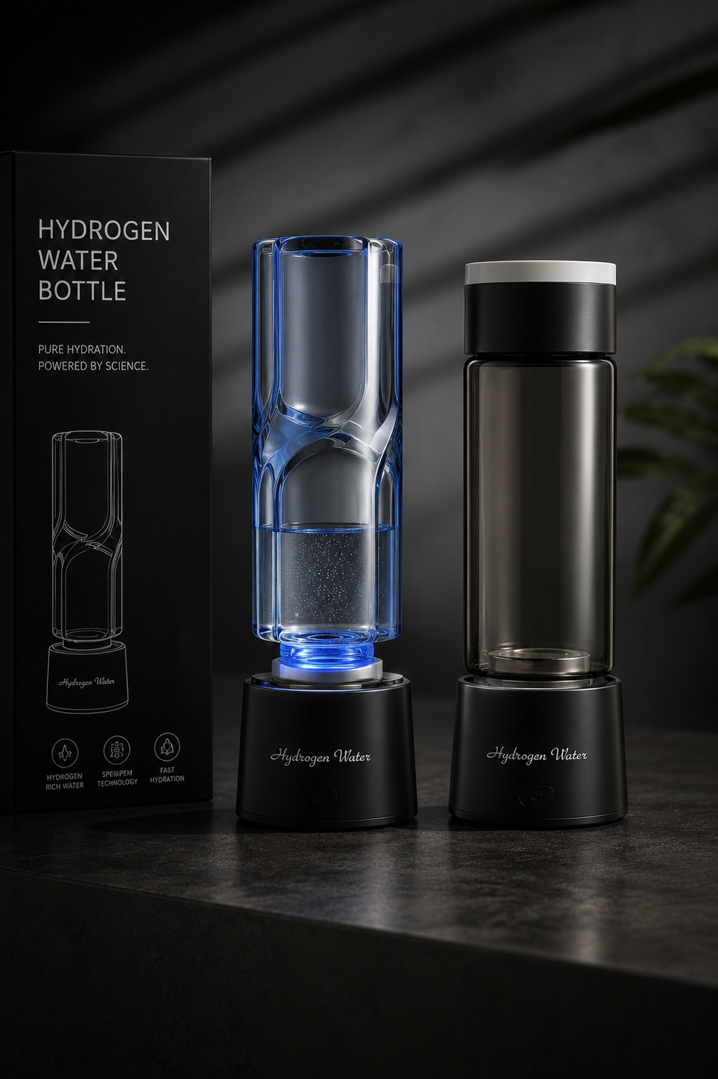 Hydrogen water bottle with packaging on a dark background