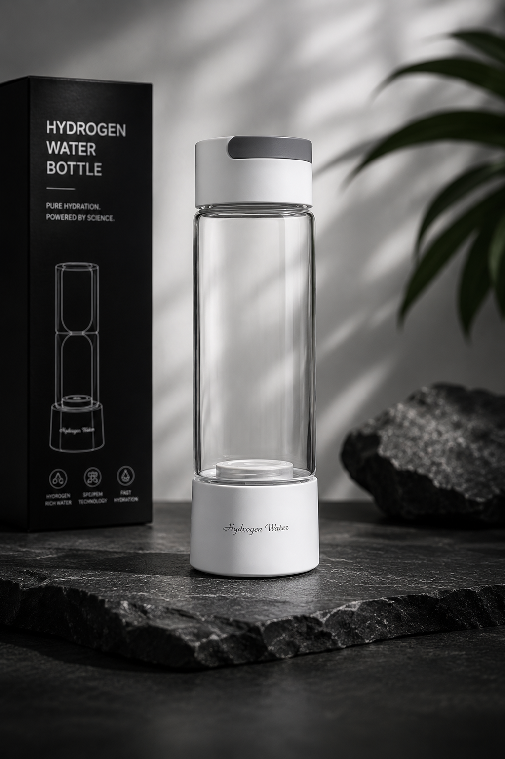 Hydrogen water bottle with packaging on a dark surface with a plant in the background