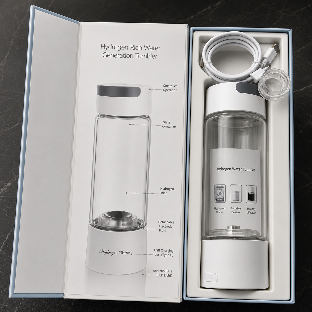 Hydrogen-rich water generation tumbler in packaging with diagram on a dark surface