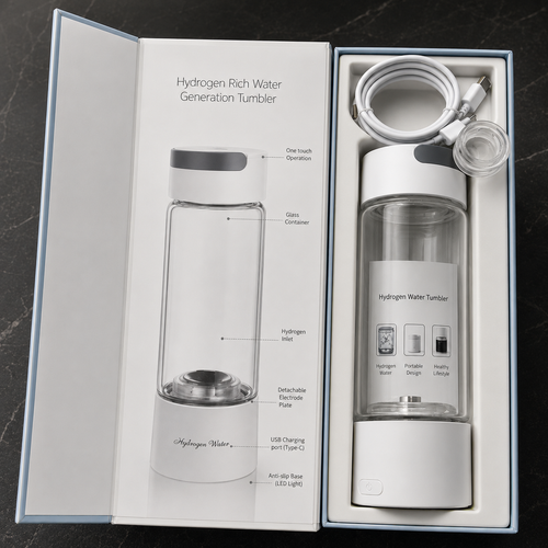 Hydrogen-rich water generation tumbler in packaging with diagram on a dark surface